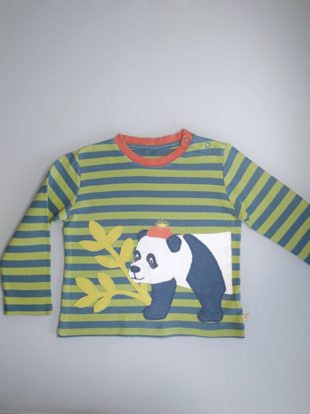 Frugi Organic Cotton Long Sleeve Shirt Panda Applique Green Blue Striped 3 4Y